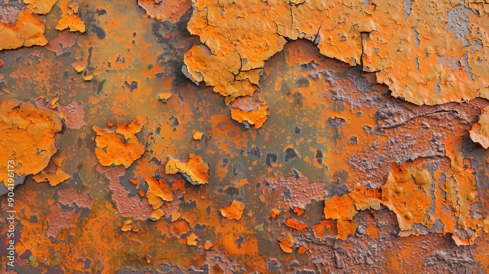 A close-up texture of a rusty metal surface, with flaking paint and varying shades of orange and brown.