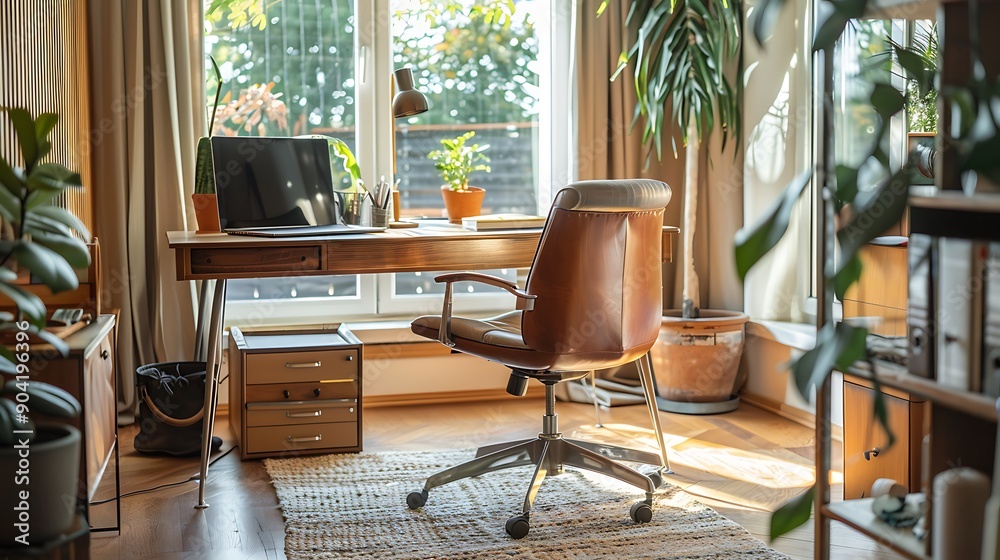Fototapeta premium A Mid-Century Modern office space with a sleek wooden desk, ergonomic chair, large windows, retro decor elements, organized and clutter-free, emphasizing productivity and style, hd quality,