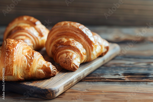  Assorted croissants on a rustic wooden board with warm tonal range photo