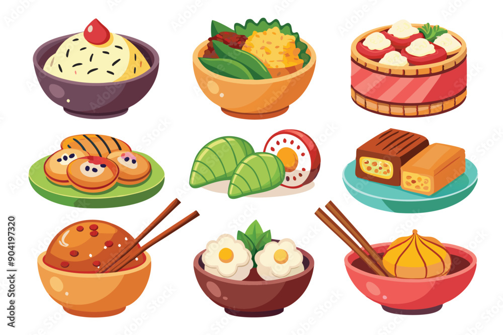 Colorful Illustration of Various Asian Dishes with Chopsticks Colorful Illustration of Various Asian Dishes with Chopsticks