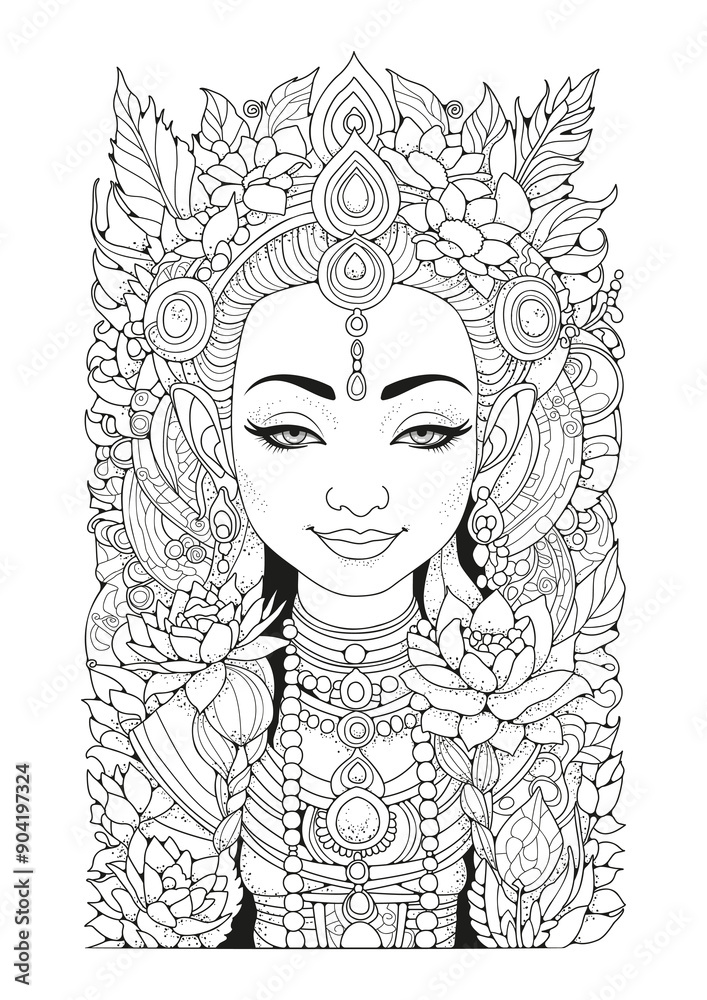 Drawing of a beautiful woman in a headdress decorated with lotus flowers. Coloring page. Art therapy. Therapy for children and adults. Drawing of a beautiful woman in a headdress decorated with lotus flowers. Coloring page. Art therapy. Therapy for children and adults.