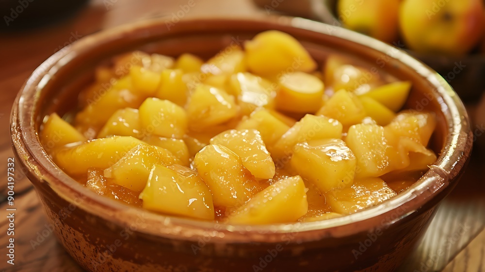 A yellow brown compote brimming with juicy crisp and soft chopped apple bits