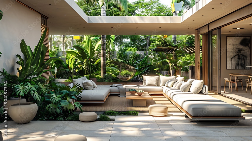 Fototapeta premium A modern patio with contemporary outdoor furniture, clean lines, minimal decor, lush greenery, open and inviting space, emphasizing simplicity and relaxation, neutral color scheme, hd quality,