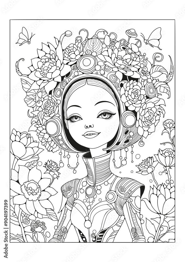 Cheerful girl in a headdress decorated with flowers and ornaments. Coloring page for children and adults. Art therapy. Black and white illustration for printing on paper and for coloring. Cheerful girl in a headdress decorated with flowers and ornaments. Coloring page for children and adults. Art therapy. Black and white illustration for printing on paper and for coloring.