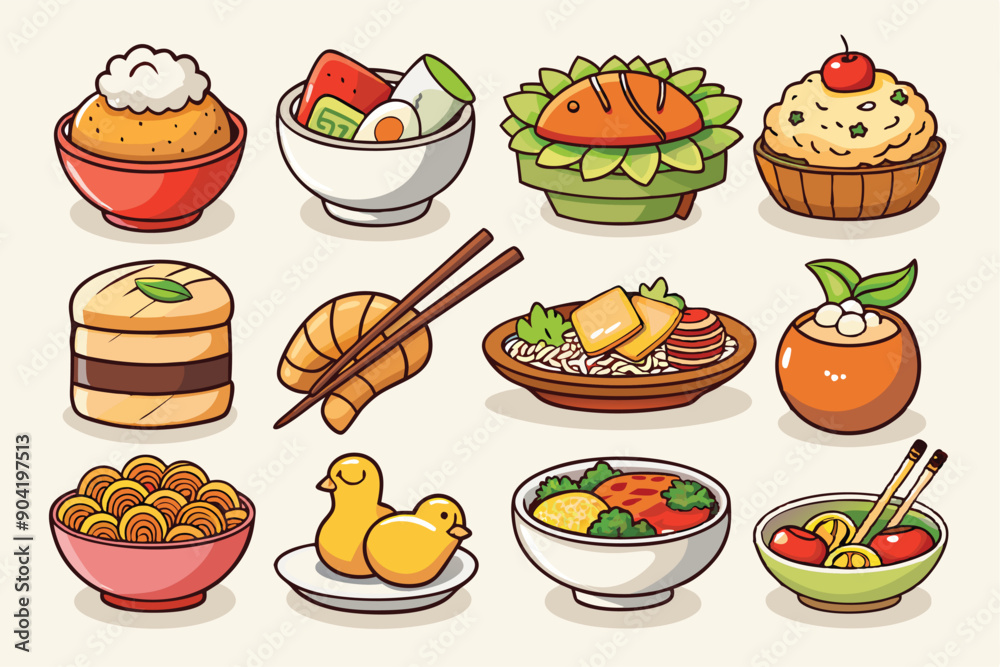A Collection of Cartoon Asian Dishes in Bowls and Plates