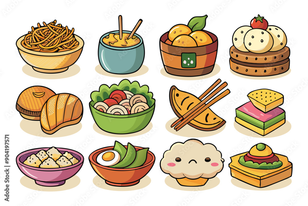 Colorful Illustration of Various Food Items in Bowls and Plates