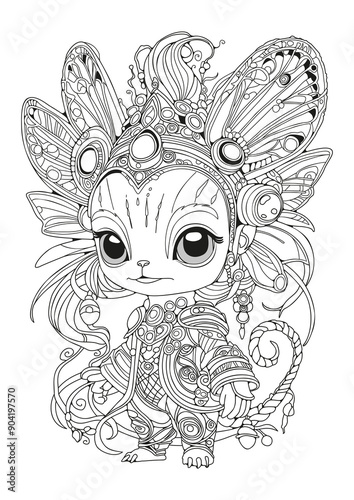 Cute fairy-tale creature. Coloring page for children and adults. Art therapy. Illustration for coloring.