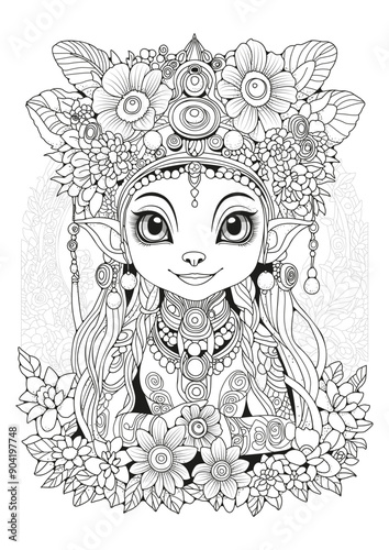 A handsome character with long ears and a crown decorated with flowers. Coloring page. Art therapy for children and adults. Illustration for coloring, printing on paper and fabric.