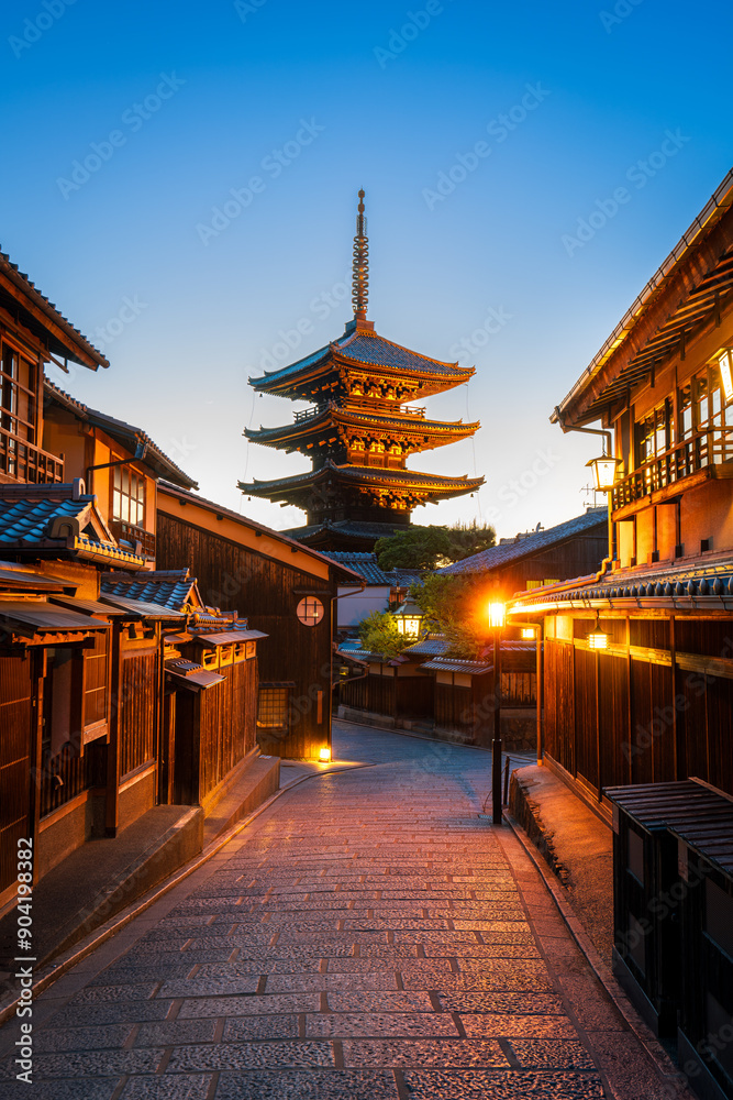 A narrow street featuring a beautiful Yasaka Pagoda in the background in Kyoto Japan A narrow street featuring a beautiful Yasaka Pagoda in the background in Kyoto Japan