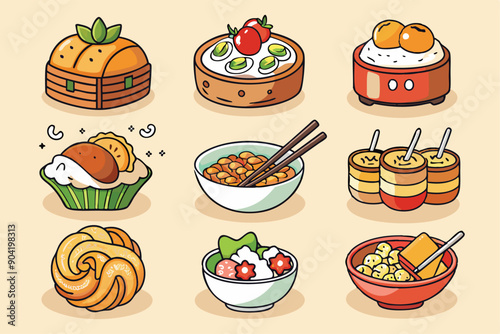 Cartoon Illustration of Nine Different Asian-Inspired Food Dishes