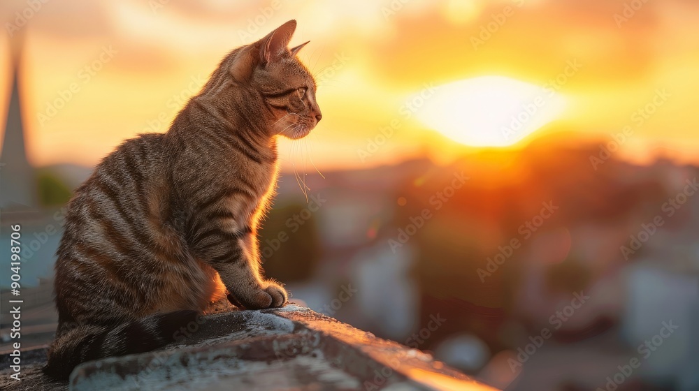 A tabby cat navigating the rooftops of an urban landscape at sunset A tabby cat navigating the rooftops of an urban landscape at sunset