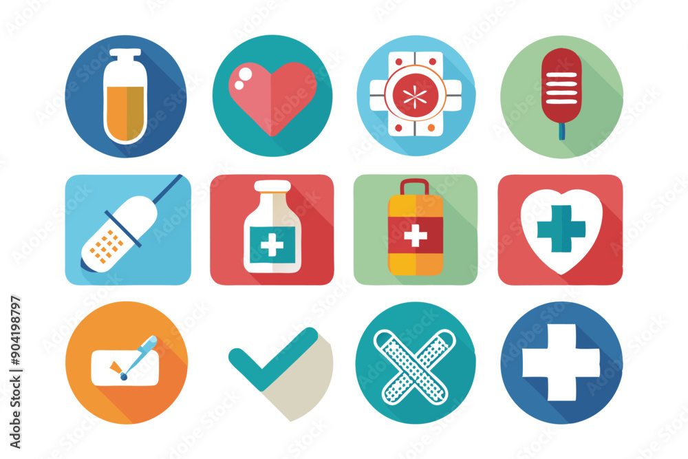 A Set of Flat Design Medical Icons with Long Shadows