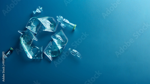Broken glass bottles forming a recycling symbol on blue background.