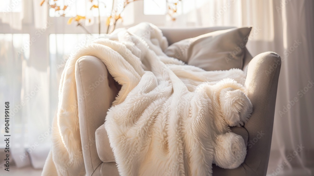 A plush fleece blanket rests casually over the arm of a chair, inviting relaxation in a sunlit room adorned with soft decor A plush fleece blanket rests casually over the arm of a chair, inviting relaxation in a sunlit room adorned with soft decor