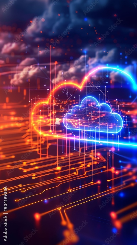 Cloud computing interface with data flow, digital storage, technology Cloud computing interface with data flow, digital storage, technology