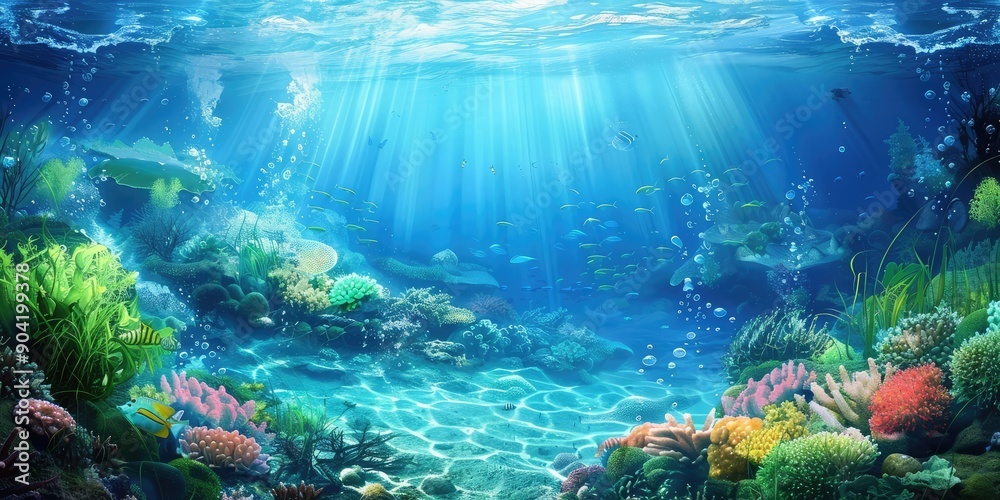 Fototapeta premium Amazing underwater view with clear blue water. AI generation.