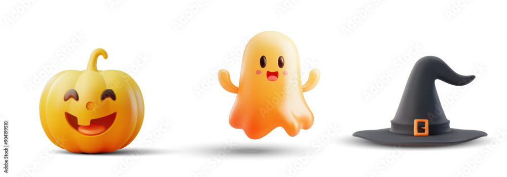 3D illustration of a cute Halloween-themed set featuring a pumpkin with a happy face, a cute ghost, and a witch's hat. Perfect for festive decorations and holiday designs. 3D illustration of a cute Halloween-themed set featuring a pumpkin with a happy face, a cute ghost, and a witch's hat. Perfect for festive decorations and holiday designs.