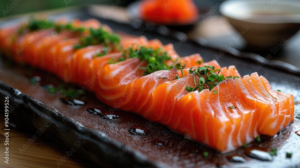 A beautiful display of salmon sashimi slices laid on a black plate, garnished with fresh green herbs, creating a contrast between the vibrant colors of the fish and the plate. A beautiful display of salmon sashimi slices laid on a black plate, garnished with fresh green herbs, creating a contrast between the vibrant colors of the fish and the plate.