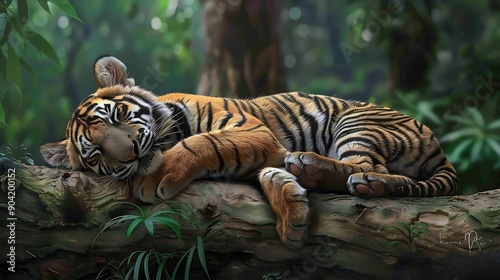 A young tiger is curled up on a jungle tree trunk