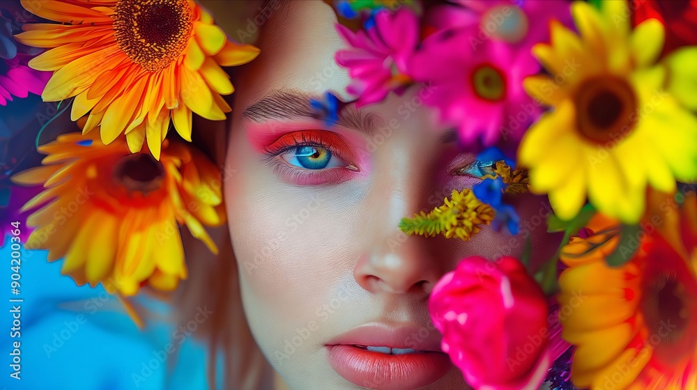 A woman with flowers in her hair and blue eyes A woman with flowers in her hair and blue eyes