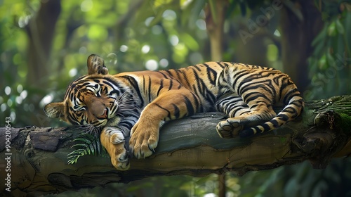 A young tiger is curled up on a jungle tree trunk