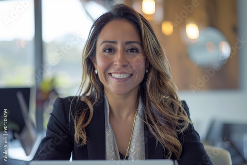 A confident woman smiles warmly at the camera, seated in a modern workspace with natural light filtering in. Her professional attire and relaxed demeanor convey approachability