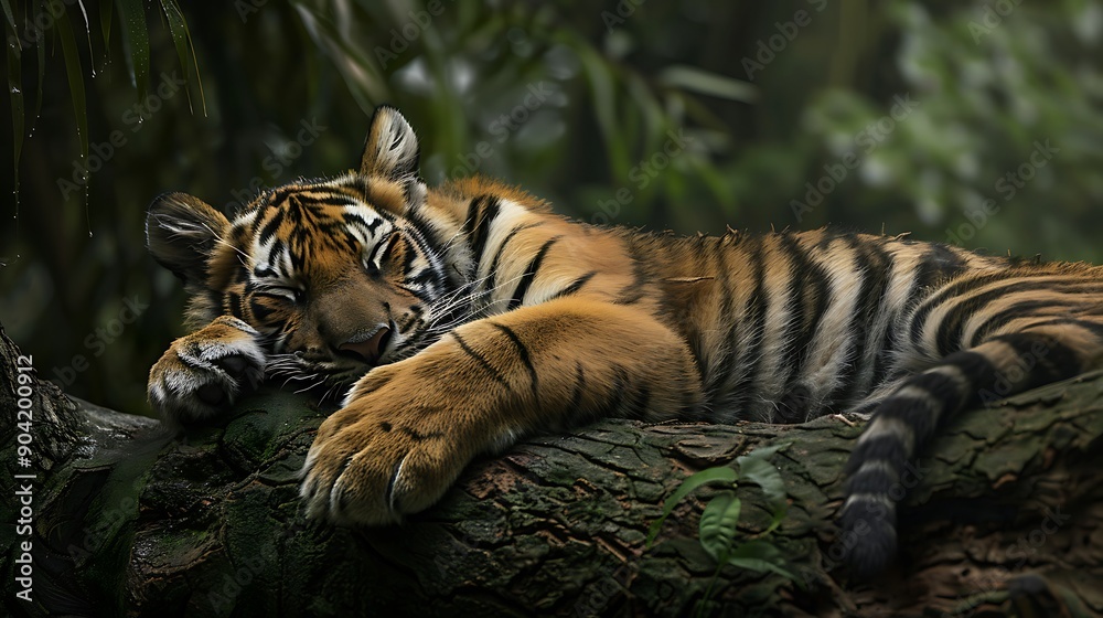 Obraz premium A young tiger is curled up on a jungle tree trunk