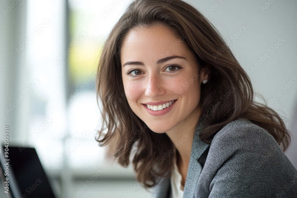 A young woman with long, wavy hair sits smiling in a modern office setting, exuding confidence and professionalism A young woman with long, wavy hair sits smiling in a modern office setting, exuding confidence and professionalism