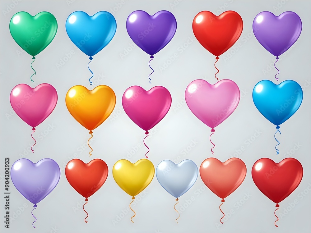 Colorful heart-shaped balloons floating against a white background. Colorful heart-shaped balloons floating against a white background.