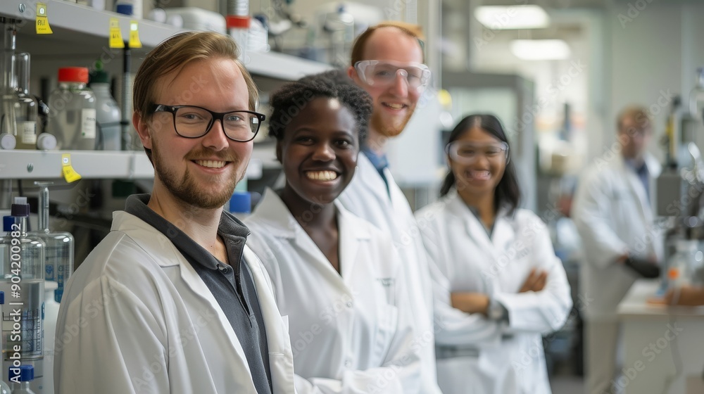 A team of environmental scientists from diverse backgrounds at a research facility A team of environmental scientists from diverse backgrounds at a research facility