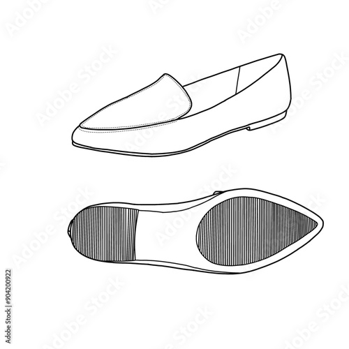 Template vector loafer shoes, suitable for your custom loafer shoe design. Outline vector doodle illustration, front, side, and bottom views isolated with a white background.