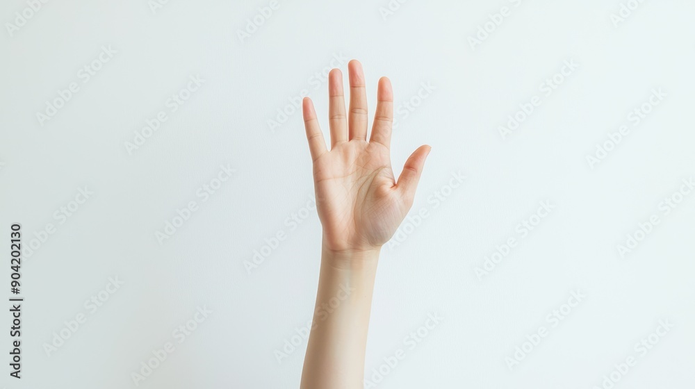 A raised hand against a plain white background, conveying a gesture of greeting or asking for attention A raised hand against a plain white background, conveying a gesture of greeting or asking for attention