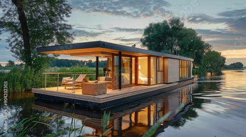 Scenic floating house on calm water during sunset, surrounded by lush greenery, offering a serene and tranquil retreat.