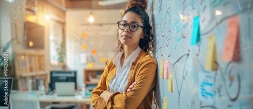 A confident woman stands against a wall covered with notes and diagrams in a modern office, exuding professionalism and creativity