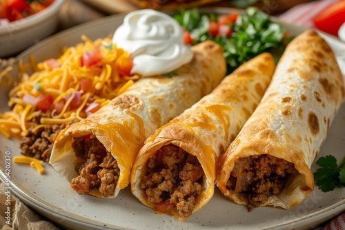 Three Delicious Beef Taquitos Served with Sour Cream, Shredded Cheese, and Cilantro