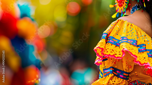 Colorful fiesta dance close-up featuring a woman in traditional Mexican costume celebrating at a vibrant festival with a blurred crowd and festive decorations. Captured on a Canon R5 camera, this imag