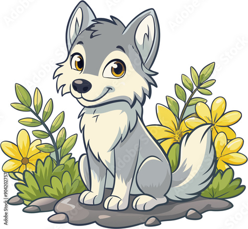 Funny wolf cub vector drawing, ESP, wolf anime grass flowers on white background