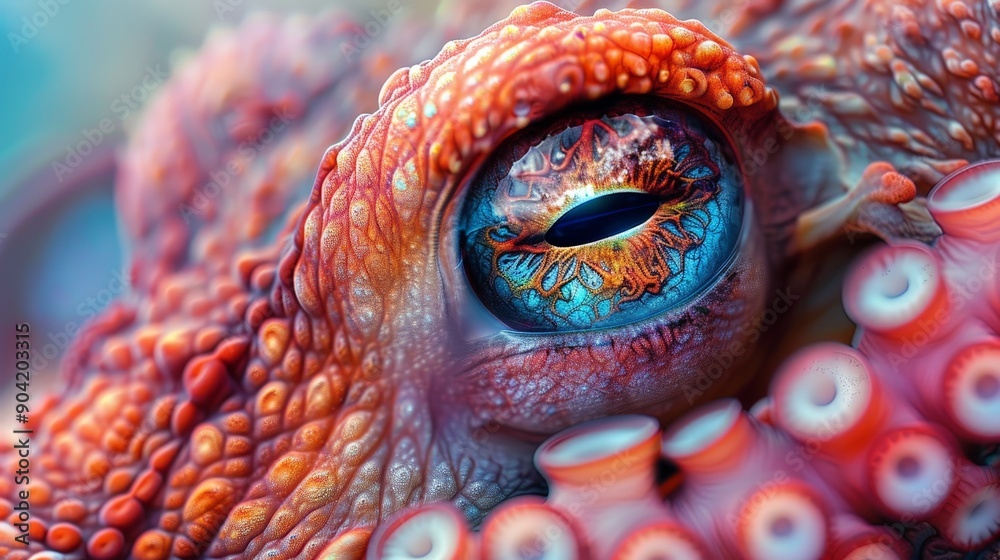 Naklejka premium Close up of an octopus tentacles and eye capturing the fine details and vivid colors shot from a top angle