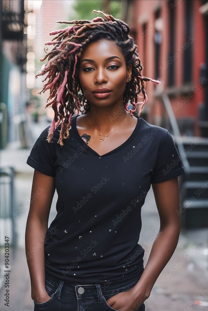 A woman with dreadlocks standing on a city street A woman with dreadlocks standing on a city street