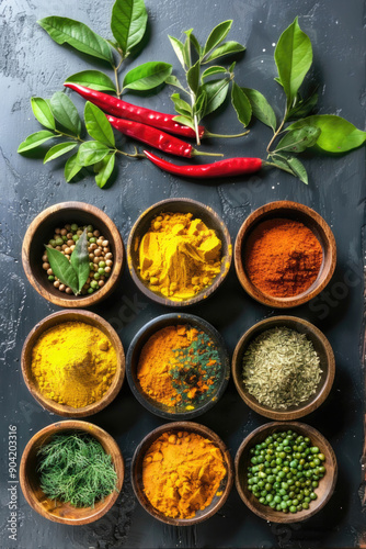 A variety of spices are displayed in wooden bowls on a counter photo