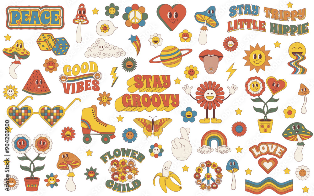 Groovy set. Groovy hippie 70s set. Sticker pack in trendy retro style. Groovy set. Groovy hippie 70s set. Sticker pack in trendy retro style.