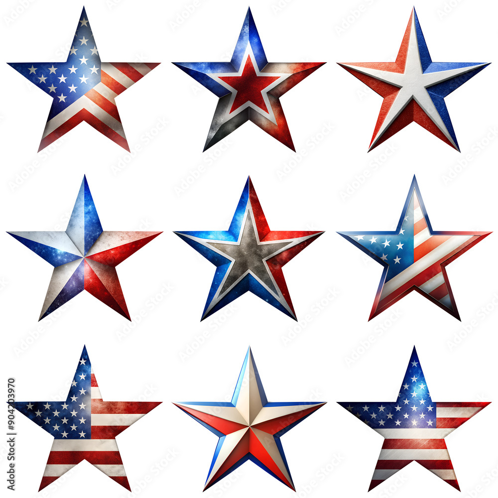 American Star. Set collection of different badge designs in American style and Flag symbol emblem color isolated on transparent background. 2024 Presidential election, red, blue, white color. American Star. Set collection of different badge designs in American style and Flag symbol emblem color isolated on transparent background. 2024 Presidential election, red, blue, white color.