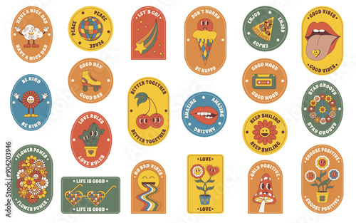 Groovy stickers set. Groovy hippie 70s stickers. Sticker pack in trendy retro style. Isolated vector illustration.