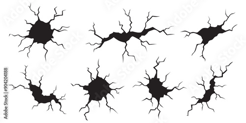 Set of black cracks and holes in the wall effect isolated on white background