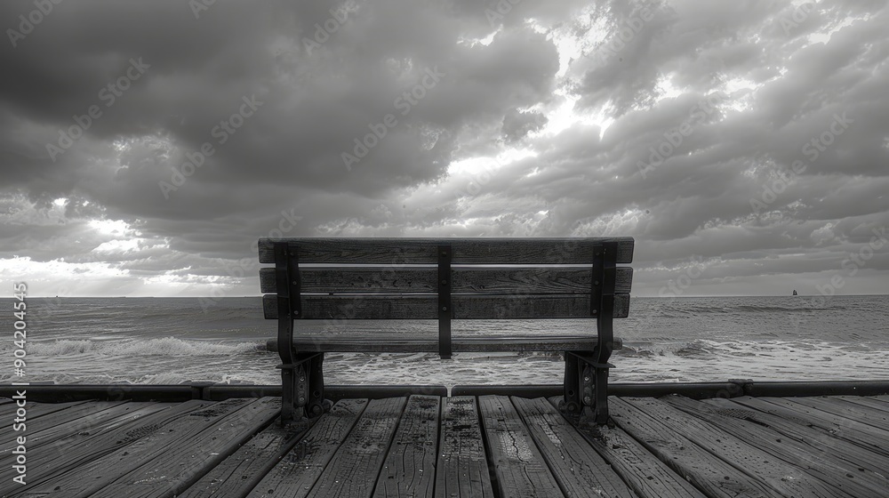 A wooden bench faces a turbulent, stormy sky over the ocean, its dark and brooding clouds threatening rain, evoking feelings of introspection and the impending storm. A wooden bench faces a turbulent, stormy sky over the ocean, its dark and brooding clouds threatening rain, evoking feelings of introspection and the impending storm.