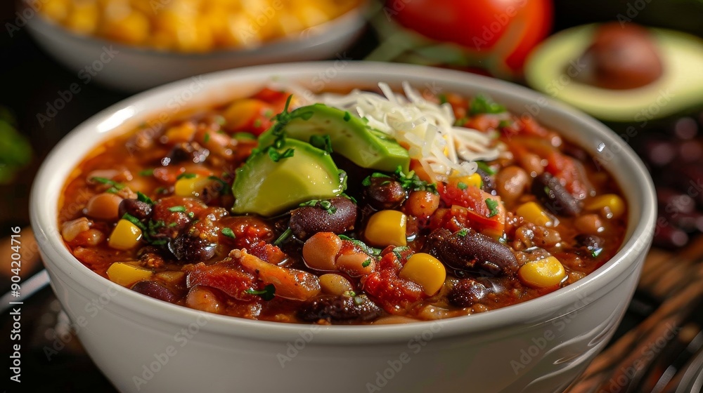 Enjoy a vibrant bowl of chili with beans, corn, and avocado, perfect for a comforting and delightful meal Enjoy a vibrant bowl of chili with beans, corn, and avocado, perfect for a comforting and delightful meal