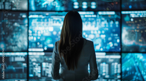 Woman working with digital information screens