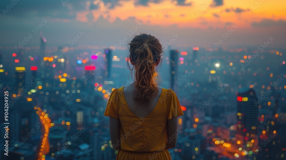 A woman in a yellow dress is standing on a rooftop, overlooking a vibrant cityscape at sunset, with colorful lights and a dreamy atmosphere surrounding her. A woman in a yellow dress is standing on a rooftop, overlooking a vibrant cityscape at sunset, with colorful lights and a dreamy atmosphere surrounding her.