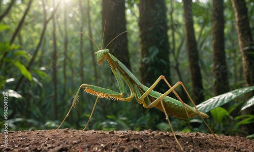 Close-Up of Mantis standing on the ground in Lush Jungle Habitat Natural Dense Wild Tropical Forest Environment