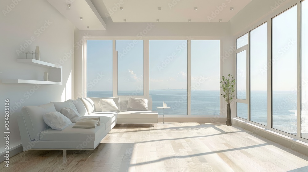 A minimalist living room with sleek furniture and ample sunlight A minimalist living room with sleek furniture and ample sunlight
